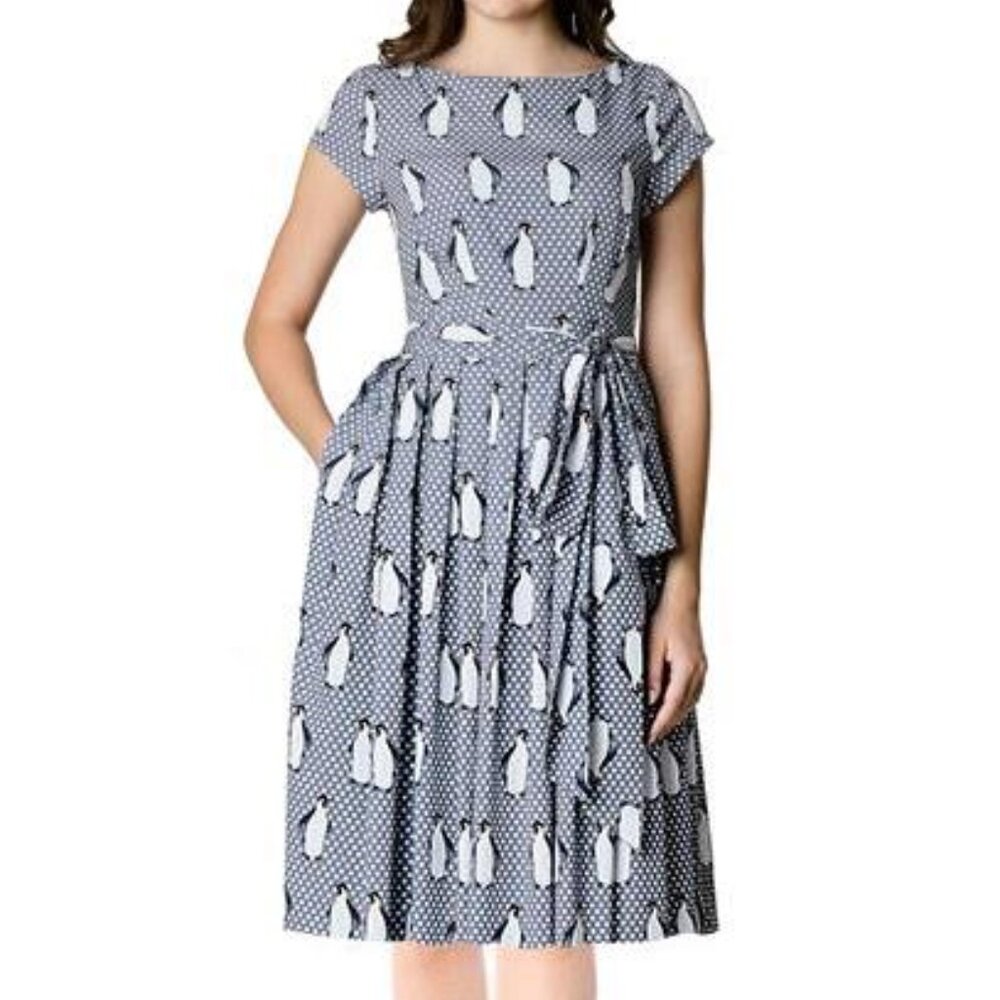 Women's eShakti Penguin and polka dot print crepe sash tie dress